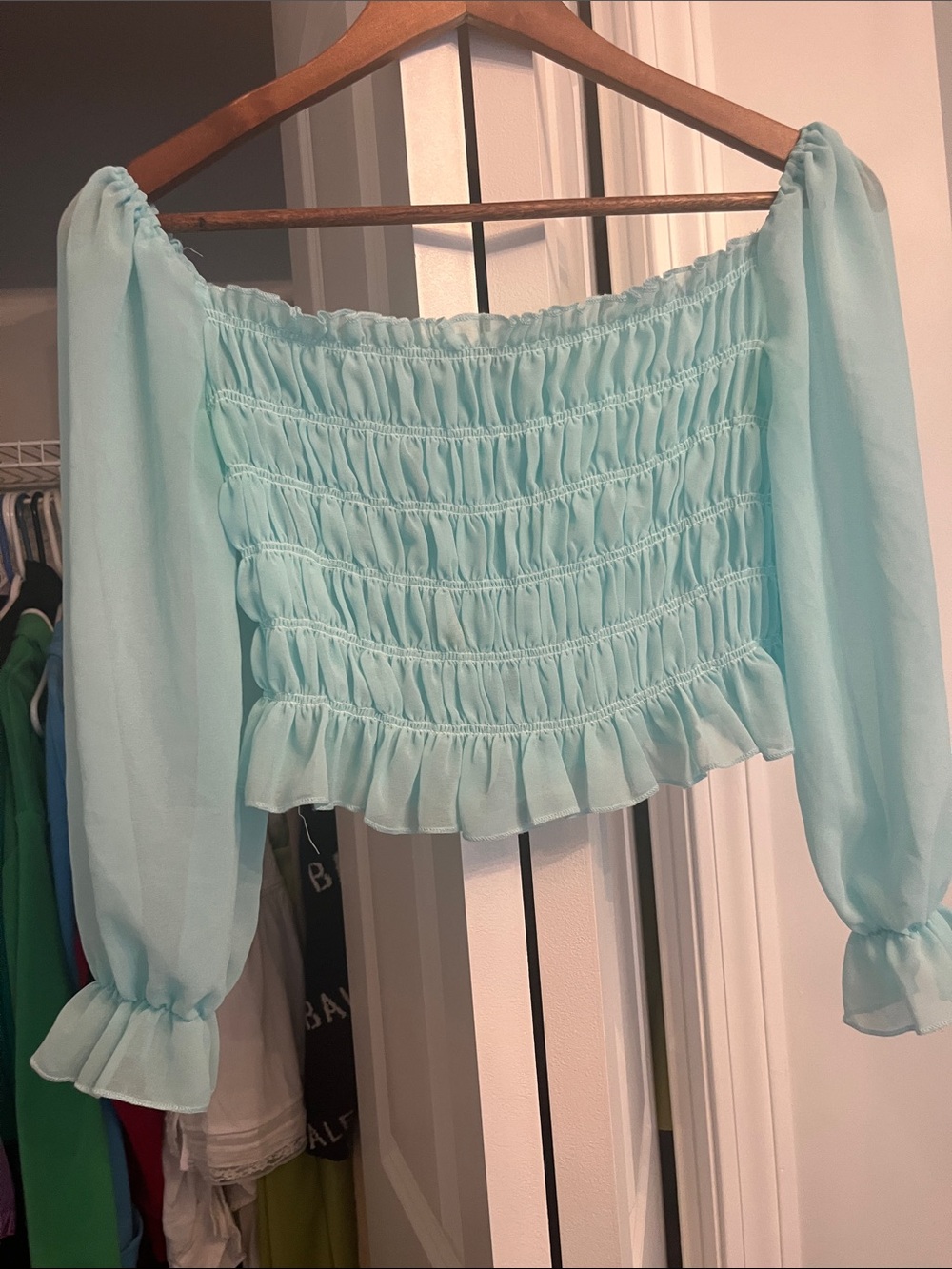 Light Aqua Smocked Off-Shoulder Top by